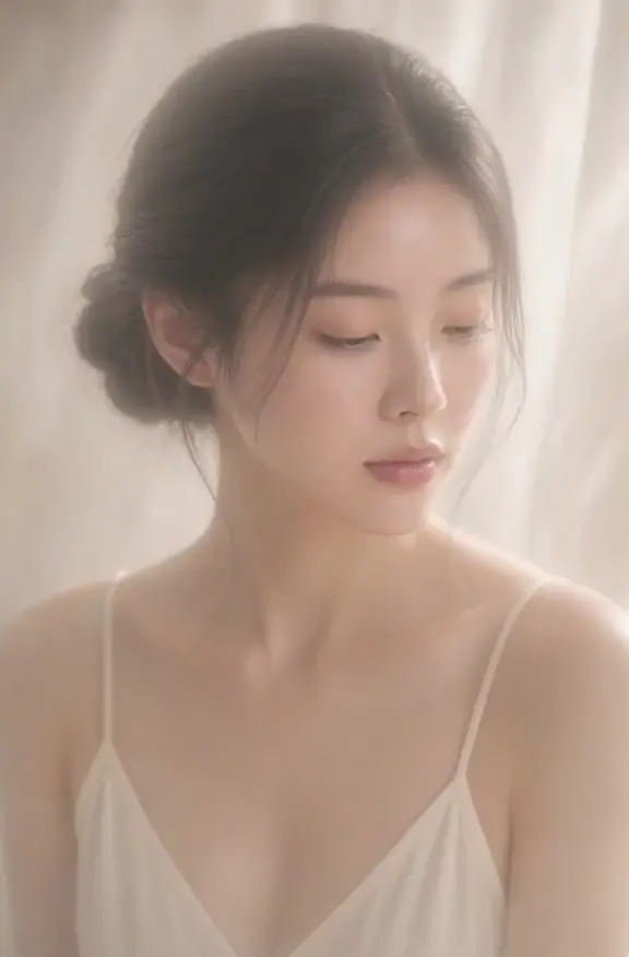 부드러운 커튼 앞에서 고개를 천천히 움직이는 인물, 르베아 브랜드 영상